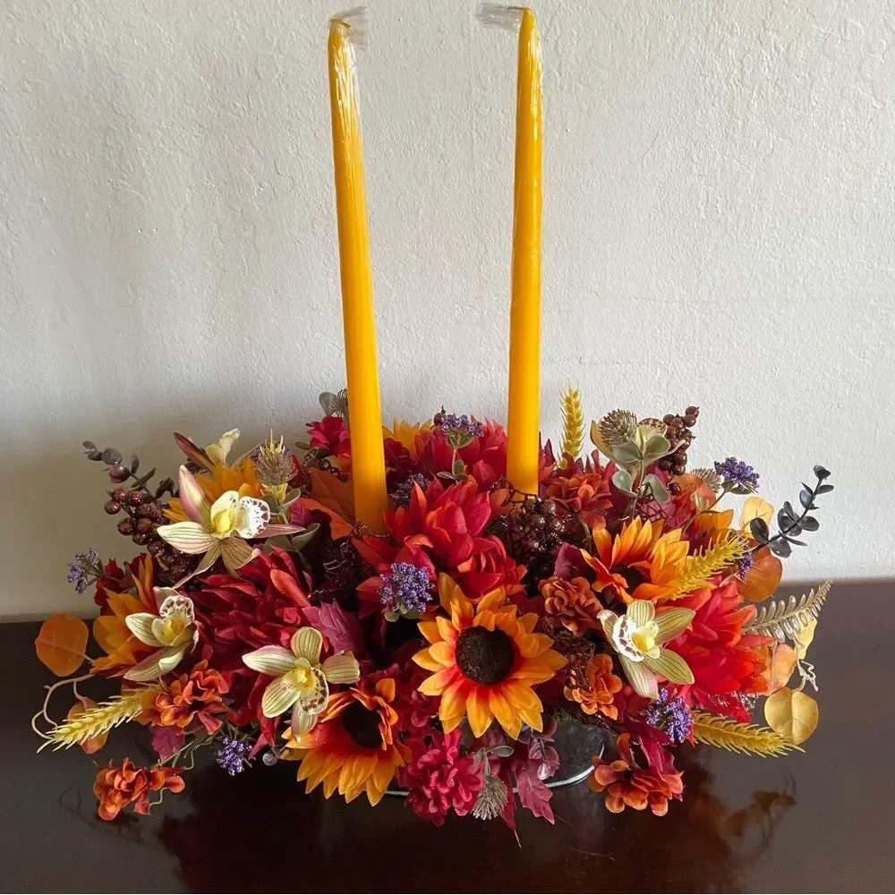Faux Floral Candle Centerpiece with Sunflowers/Orchids/Mums